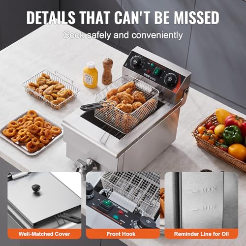 VEVOR Commercial Deep Fryer, 1500W Electric Countertop Fryer with Basket, 11.6Qt / 11L Stainless Steel Single Oil Fryer with Time & Temp Control, Overheat Protection, for Kitchen Restaurant Use
