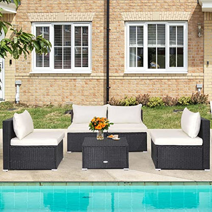 Tangkula 5-Piece Outdoor Patio Furniture Set, Patiojoy PE Wicker Conversation Set with Cushions and Coffee Table, Patio Sectional Sofa Furniture Set for Garden, Poolside, Backyard (Off White)