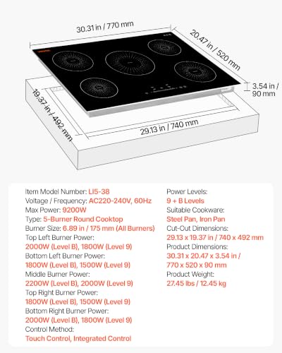 VEVOR Induction Cooktop 30In 5 Burners, Built-in Magnetic Stove, Induction Stove, Touch Control, 9 Power Levels, Ceramic Glass, Child Lock, 9200W, 220V