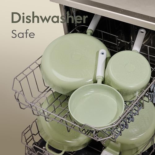 CAROTE Pots and Pans Set Nonstick, Ceramic Cookware Set, Green Cooking Set Kitchen Induction Set with Steamer, PFAS PTFE Free,9 Piece