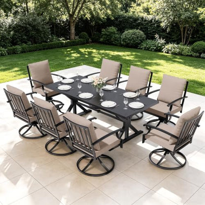 RTDTD 9 Pieces Outdoor Patio Dining Set,Patio Table and Chairs Metal Outdoor Patio Furniture Set with Umbrella Hole,Dining Table Set with 8 Swivel Chairs for Deck,Backyard and Garden,Brown