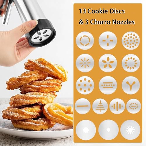 Stainless Steel Spritz Cookie Press Gun Kit, with Piping Bag, 8 Piping Nozzles, 13 Cookie Discs and Cleaning Brush, 3-in-1 Multifunctional Cookie Press
