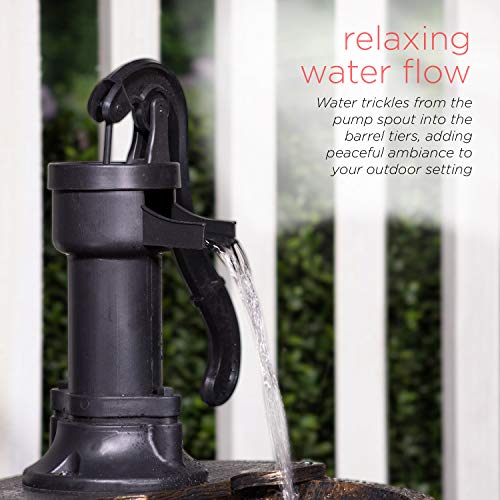Alpine Corporation 27" Tall Rustic Outdoor 2-Tier Barrel Pump Water Fountain with Soothing Cascading Water Flow for Patio, Yard, Porch, or Landscape, Bronze