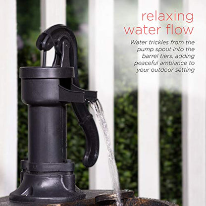 Alpine Corporation 27" Tall Rustic Outdoor 2-Tier Barrel Pump Water Fountain with Soothing Cascading Water Flow for Patio, Yard, Porch, or Landscape, Bronze