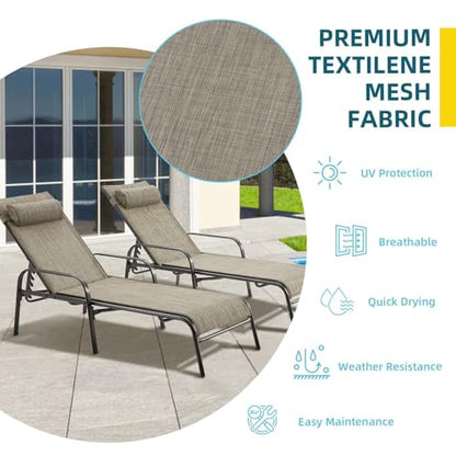EROMMY Patio Lounge Chairs Set of 2, All-Weather Waterproof Upgraded Outdoor Pool Chaise Lounge Chairs with Adjustable Backrest for Beach Yard Poolside