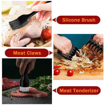 P&P CHEF Roasting Pan Set (8 PCS), 14 Inch Stainless Steel Turkey Roaster Pan, Flat & V-shaped Roasting Racks & Beer Can Chicken Holder, Meat Claws & Tenderizer, Brush, Healthy & Heavy Duty