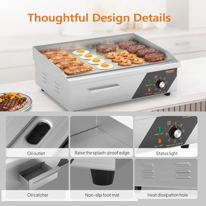Bonnlo 22 Inch 1600W Commercial Electric Griddle with Stainless Steel Countertop, Half Flat Griddle, 122-572℉ Adjustable Temp Control of Flat Top Grill for Steak and Egg, Home & Restaurant, Plug