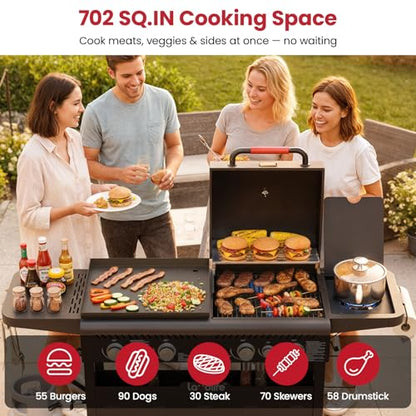 LAUDLIFE 5-Burner Propane Grill Griddle Combo with Side Burner, Dual Zone BBQ Gas Grill, Non-Stick Porcelain-Enameled Surface, Easy to Clean, 702 Sq.In. Cooking Area, Heavy-Duty Stand for Backyard