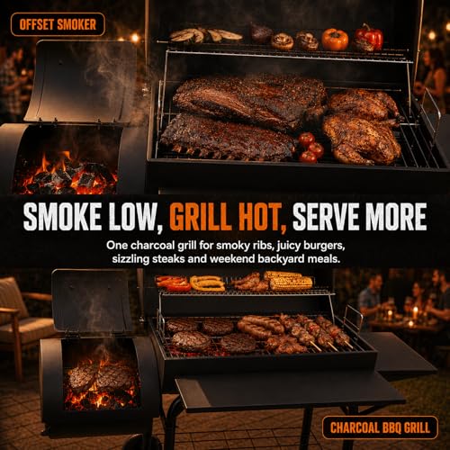 Realcook Charcoal Grill with Offset Smoker: Spacious Barrel Charcoal Grills