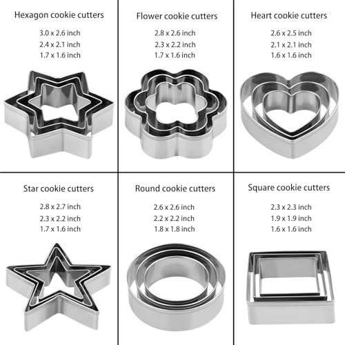 Stainless Steel Cookie Cutters Set, 18 Pieces, Star, Flower, Heart, Circle, Square, Hexagram Shapes