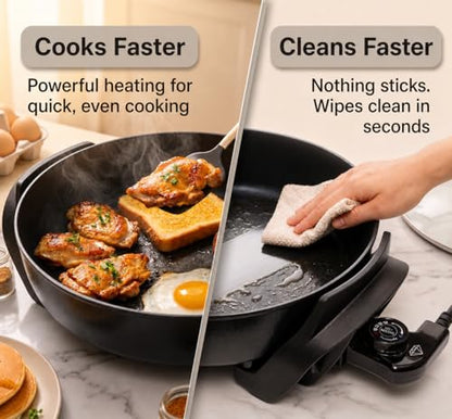 Moss & Stone Round Electric Skillet with Lid – 12x12 Inch Aluminum Nonstick Electric Frying Pan 5Qt, Adjustable Temperature Control, Vented Glass Lid, Dishwasher Safe, Heat-Resistant Handles