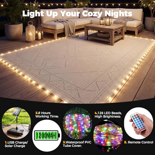 Sumapner Solar LED Rope Light for Outdoor Rugs, 36FT Patio Rug Lights with Warm White & Multicolor, 13 Modes, Solar & USB Rechargeable, Remote Timer, IP67 Waterproof, 24 Rug Clips Included