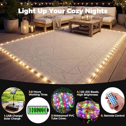 Sumapner Solar LED Rope Light for Outdoor Rugs, 36FT Patio Rug Lights with Warm White & Multicolor, 13 Modes, Solar & USB Rechargeable, Remote Timer, IP67 Waterproof, 24 Rug Clips Included