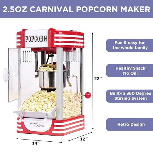 MAGNAVOX HOME, Popcorn Maker Machine Movie Theater/Cinema Style Popper with 2-Sided Serving Scoop. 2.5 Ounce, Red