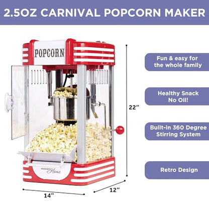 MAGNAVOX HOME, Popcorn Maker Machine Movie Theater/Cinema Style Popper with 2-Sided Serving Scoop. 2.5 Ounce, Red