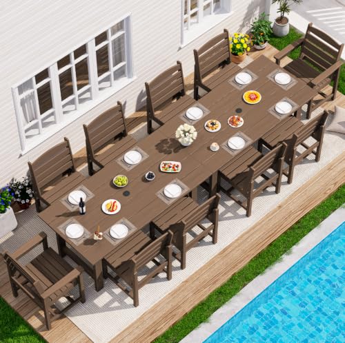 SERWALL HDPE Outdoor Dining Furniture, Outdoor Dining Set for 10, Brown