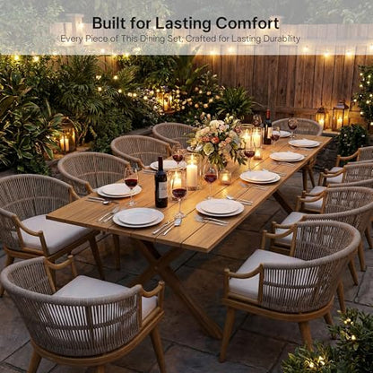 PURPLE LEAF 11 Pieces Outdoor Dining Set All Weather Wicker Patio Dining Set with Rectangular Aluminum Table and Modern Armrest Dining Chairs for Garden Deck Backyard Kitchen, Teak