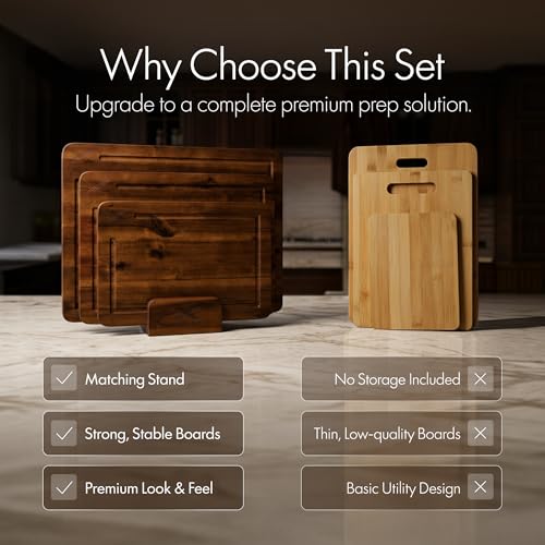 Xushro Acacia Wood Cutting Board Set of 3 with Stand - Thick Wooden Chopping Boards with Deep Juice Grooves - Non-Slip & Durable Wooden Boards for Meat & Vegetables (16x12, 14x10, 12x8) - Walnut