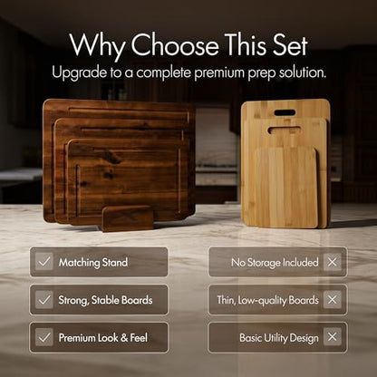 Xushro Acacia Wood Cutting Board Set of 3 with Stand - Thick Wooden Chopping Boards with Deep Juice Grooves - Non-Slip & Durable Wooden Boards for Meat & Vegetables (16x12, 14x10, 12x8) - Walnut