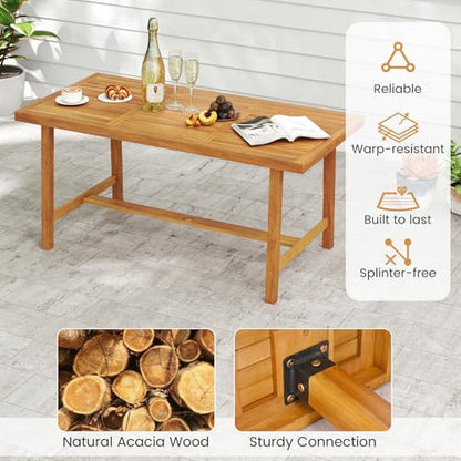 Tangkula 6 Piece Patio Dining Set for 5-6 People, 63” Outdoor Acacia Wood Table with 1.97” Umbrella Hole & Bench & 4 Cushioned Armchairs, for Deck Yard and Poolside