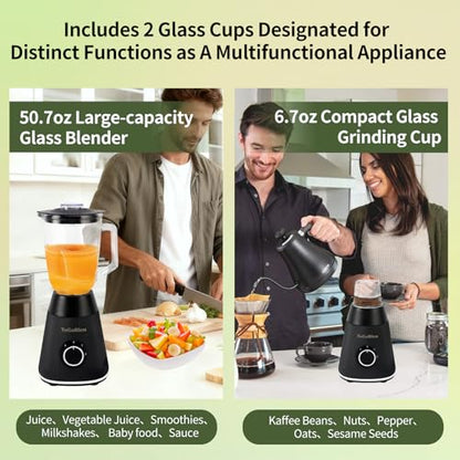 TuGoBlen Countertop Blender 51oz Glass Blending Jar,6.7oz Glass Grinding Cup,for Smoothies, Milkshakes,Baby food,Jam,Crushed Ice, Spices,Nuts,Coffee Beans,Works Well at Home,Office,Party and Festival