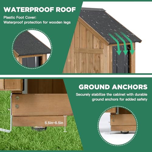 Ketive Outdoor Storage Cabinet, Wood & Metal Storage Shed with Weather-Resistant Roof, Adjustable Shelf, Lockable Doors & Adjustable Feet, for Garden, Patio, Backyard, 27.5" x 13" x 67"