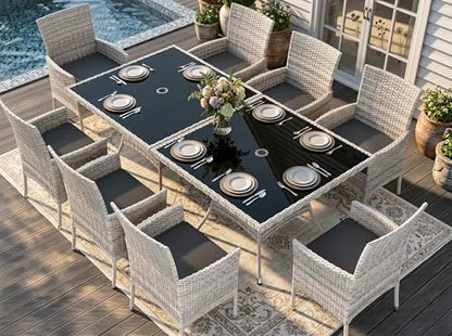 Sweecci Outdoor Dining Set, 10-Piece Patio Furniture Set with Tempered Glass Table and 8 Cushioned Chairs, Dual-Strand Wicker Rattan, Balcony Furniture for Backyard, Garden, Deck,– Black