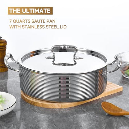 Inqibee Tri-Ply Stainless Steel 8 Quart Rondeau Pot with Lid Braiser Pan, 13 inch Deep Frying Pan, Versatile Cookware, Large Saute Pan, Compatible With All Cooktops, Induction Compatible, Oven-Safe