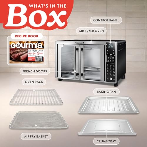 Gourmia Air Fryer French Door Toaster Oven - 6-Slice Capacity, LED Display with 19 Cooking Presets, Stainless Steel