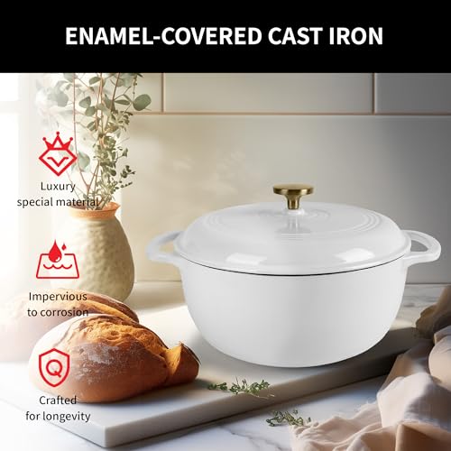 Fijxzct Premium Enameled Cast Iron Dutch Oven for Bread Baking | Non-Stick 2QT Oval Bread Oven with Lid | Perfect for Sourdough, Loaf, and Artisan Baking (Round White, 5.5 QT)