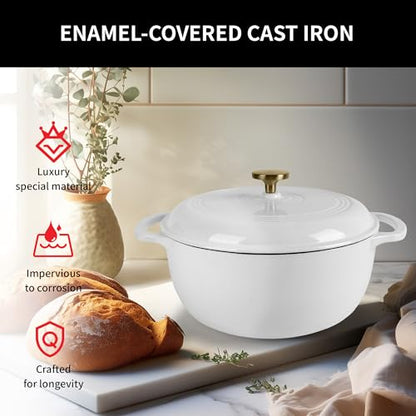 Fijxzct Premium Enameled Cast Iron Dutch Oven for Bread Baking | Non-Stick 2QT Oval Bread Oven with Lid | Perfect for Sourdough, Loaf, and Artisan Baking (Round White, 5.5 QT)