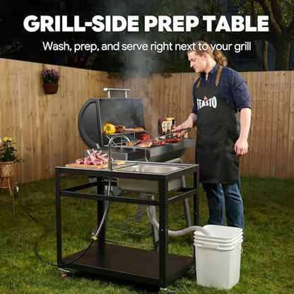 FEASTO 35-Inch Outdoor Grill Cart with Stainless Steel Sink, Rolling BBQ Prep Table with Faucet, Storage Shelves and Lockable Wheels for Patio, Backyard and Outdoor Cooking, Silver & Black