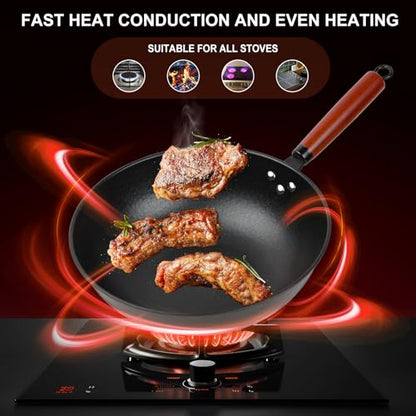 13" Nonstick Wok - Wok Pan with Glass Cover, Carbon Steel Woks & Stir-Fry Pans: Flat Bottom Chinese woks for Electric, Induction, Gas, All Stoves