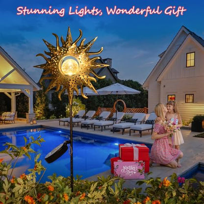 HOMEIMPRO Large Sun Solar Garden Decor Lights Outdoor Garden Gifts Mom Dad, Crackle Glass Metal Stake Backyard Decor, Waterproof LED Lights for Lawn Patio Ornaments, Mothers Day Gifts for Women