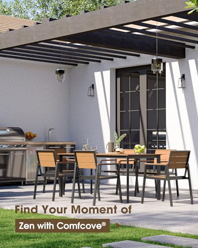 ComfCove Outdoor Dining Set, Aluminum Patio HDPS Outdooor Table and Chairs Set with Umbrella Hole, All Weather Patio Furniture Set, Patio Dining Table Set,Gray & Teak,7 Pieces
