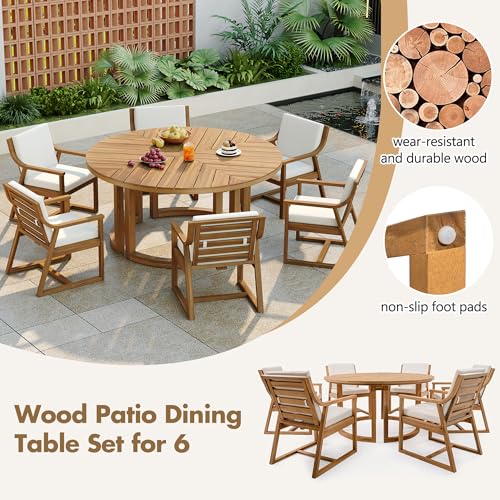 XD Designs 7-Piece Outdoor Patio Dining Set, All-Weather Acacia Wood 59'' Round Dining Table with 1.96" Umbrella Hole and 6 Arm Chairs for Backyard, Balcony, Garden, Poolside (Light Teak-2.14)