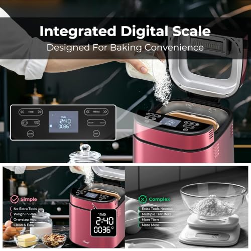 Rosewill 25-in-1 Automatic Bread Maker with Built-in Digital Scale, 3 Loaf Size up to 2.5LB, Beginner-Friendly w/ 700W High Power Dual Heater System, BPA-Free Nonstick Coating Pan - Pink Peppercorn