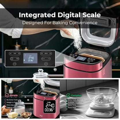 Rosewill 25-in-1 Automatic Bread Maker with Built-in Digital Scale, 3 Loaf Size up to 2.5LB, Beginner-Friendly w/ 700W High Power Dual Heater System, BPA-Free Nonstick Coating Pan - Pink Peppercorn