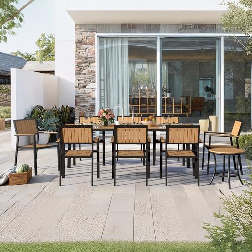 PATIOPIA 10-Piece Patio Dining Set, Outdoor Weather-Resistant Plastic-Wood Table & 8 Stackable Chairs, Outdoor Durable Aluminum Frame Furniture for Garden, Poolside, Backyard