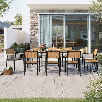 PATIOPIA 10-Piece Patio Dining Set, Outdoor Weather-Resistant Plastic-Wood Table & 8 Stackable Chairs, Outdoor Durable Aluminum Frame Furniture for Garden, Poolside, Backyard