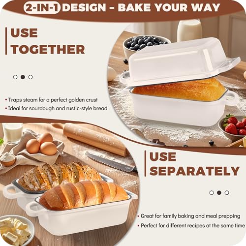 Articasting Cast Iron Bread Loaf Pan with Lid, Loaf Pans for Baking Bread 9x5, Enameled Bread Pans for Homemade Bread, Sourdough, Set of 2, Cream