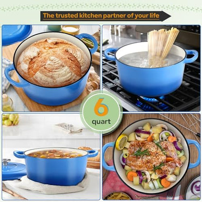 HaSteeL 6 Quart Cast Iron Dutch Oven, Pre-seasoned Enamel Cooking Stock Pot with Lid, Non-stick Round Cookware for Sourdough Bread Baking Roasting Stewing Braising Frying, Heavy Duty & Oven Safe(Blue)