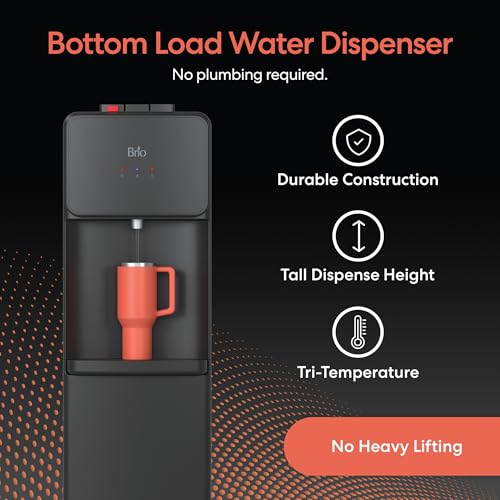 Brio 130 Series Bottom Load Water Cooler Dispenser for 5 Gallon Bottles, Hot, Room & Cold, Great for Home or Office, Child Safety Lock, Empty Bottle Alert, Energy Star 3.0, Black