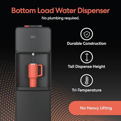 Brio 130 Series Bottom Load Water Cooler Dispenser for 5 Gallon Bottles, Hot, Room & Cold, Great for Home or Office, Child Safety Lock, Empty Bottle Alert, Energy Star 3.0, Black