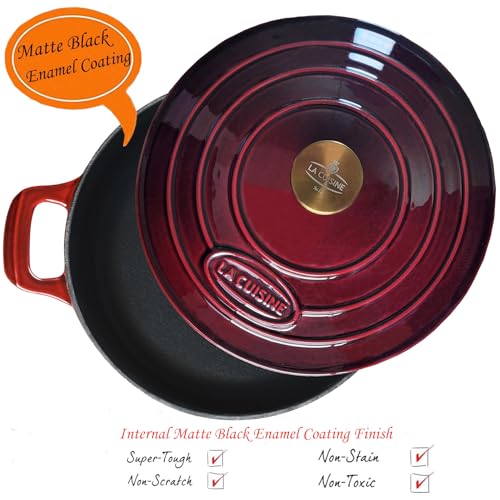 La Cuisine Enameled Cast Iron Braiser Shallow Dutch Oven Braising Sauté Pan 3.75 QT 11" Dia. Internal Matt Black Enamel Coating, Cranberry, Golden Lid Knob, Oven Safe, Induction Cooktop Compatible