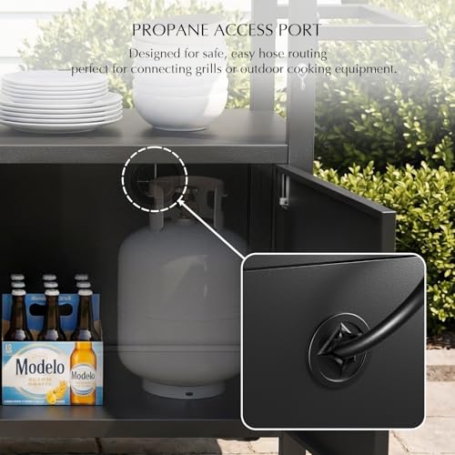 Belord Outdoor Grill Table with Storage Cabinet, Outdoor Grill Cart with Wheels, Movable BBQ Cart Prep Station Kitchen with Stainless Steel Top and Removable Side Basket for Poolside Backyard Black
