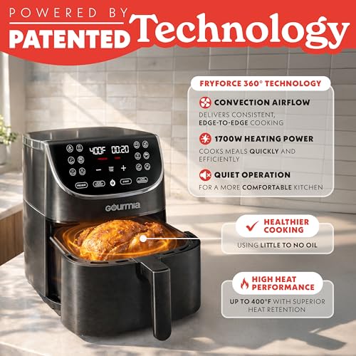 Gourmia Air Fryer - 7 Qt Large Capacity with LED Display, 12 One-Touch Presets, FryForce 360° Technology, Nonstick Dishwasher-Safe Basket & Crisper Tray, Black