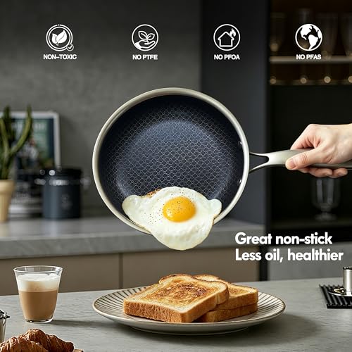 BRASA Nonstick Frying Pan 9.45-inch,Tri-Ply Stainless Steel Skillet,Honeycomb Ceramic Coating, Induction & All Cooktop Compatible,Dishwasher safe (PFOS, PFOA Free)(9.45 in+5.9 in trivet)