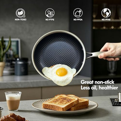 BRASA Nonstick Frying Pan 9.45-inch,Tri-Ply Stainless Steel Skillet,Honeycomb Ceramic Coating, Induction & All Cooktop Compatible,Dishwasher safe (PFOS, PFOA Free)(9.45 in+5.9 in trivet)