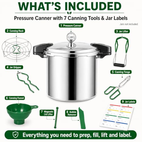 KILOGORGE 24qt pressure canner and canning pressure cooker with gauge,14.5PSI,practical 7pc Canning Supplies Starter Set,compatibility gas and induction cooktops, pressure cooker for canning (GREEN)